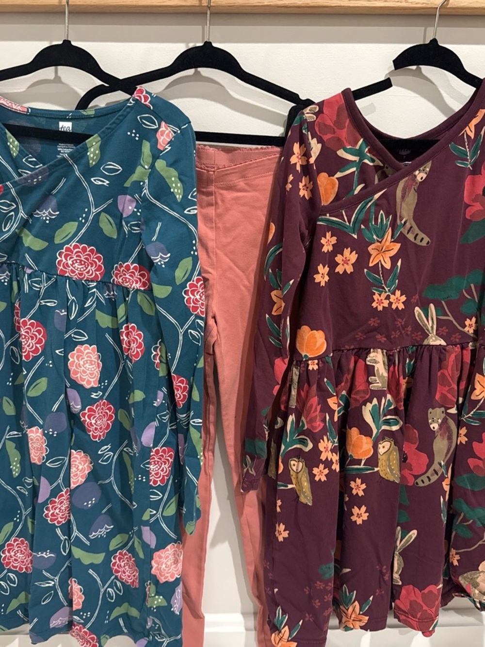 Tea Collection Girls' Teal Floral Wrap Dress & Plum Animal Print Dress Set